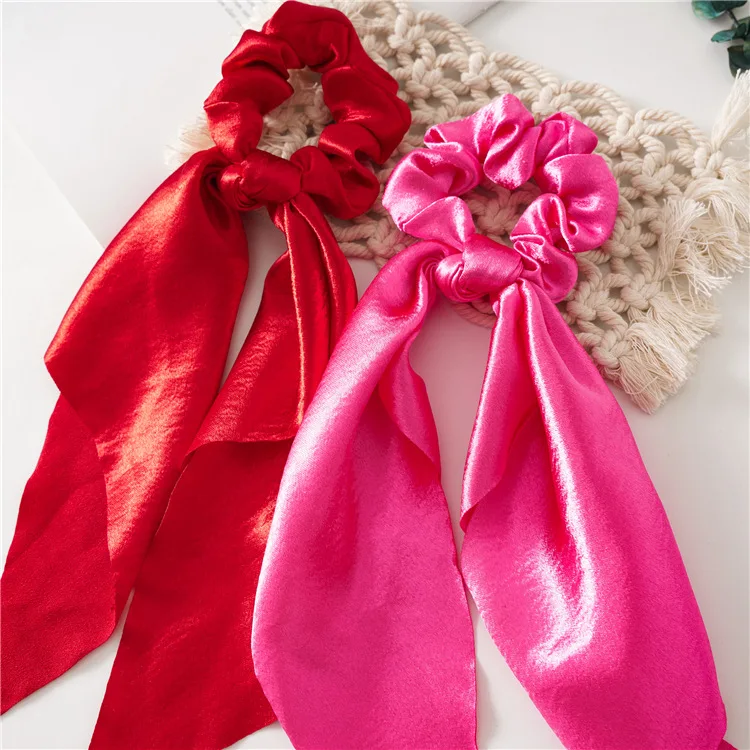 Shiny Silk Long Ribbon Scrunchies Elastic Hair Bands Women Girls Bow Knot Scraf Ponytail Holder Hair Ties Hair Accessories