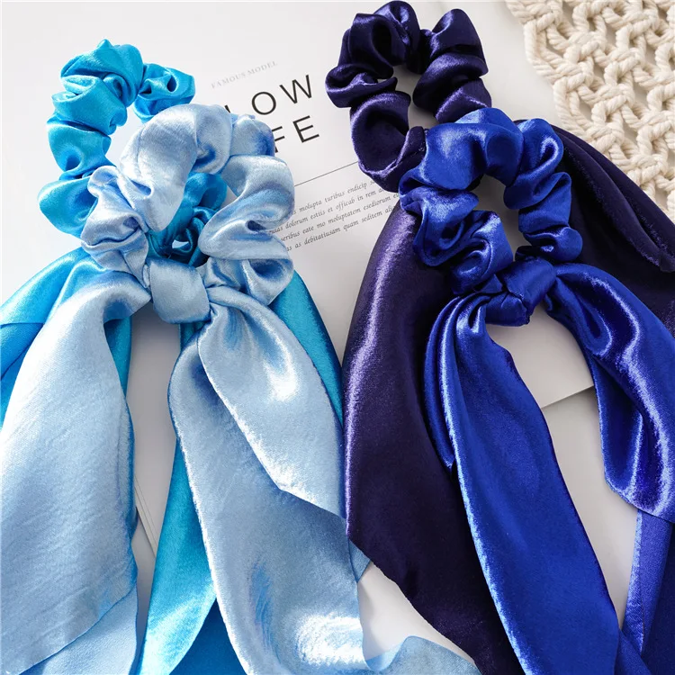 Shiny Silk Long Ribbon Scrunchies Elastic Hair Bands Women Girls Bow Knot Scraf Ponytail Holder Hair Ties Hair Accessories