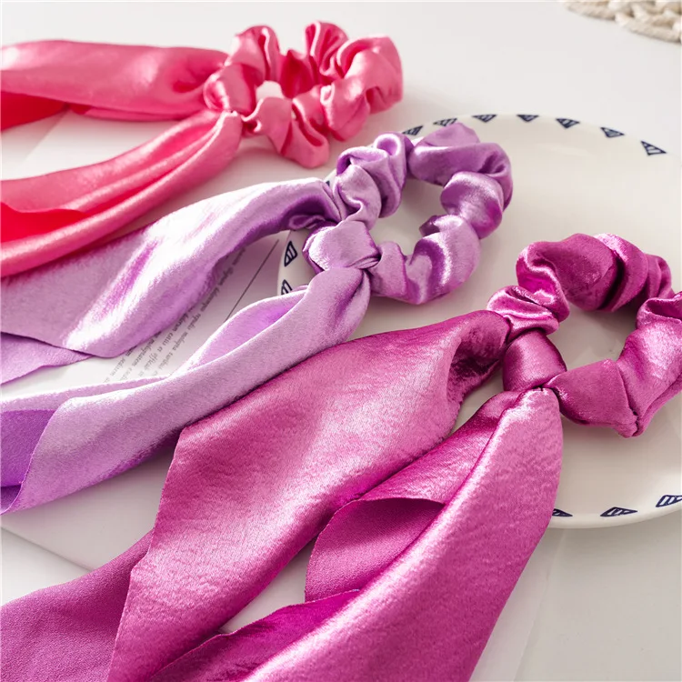 Shiny Silk Long Ribbon Scrunchies Elastic Hair Bands Women Girls Bow Knot Scraf Ponytail Holder Hair Ties Hair Accessories