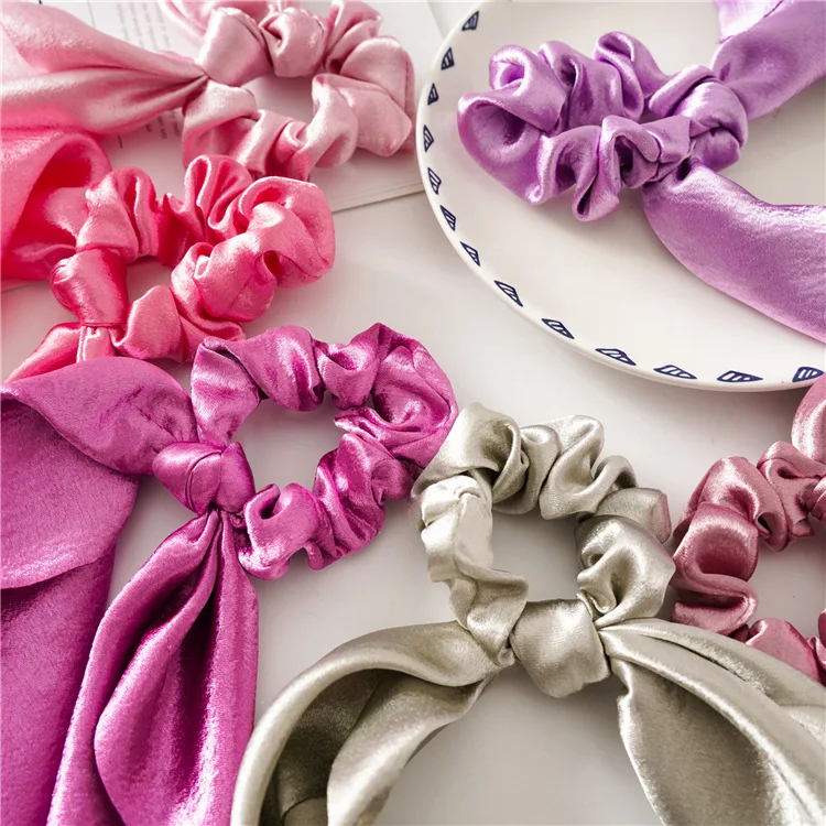 Shiny Silk Long Ribbon Scrunchies Elastic Hair Bands Women Girls Bow Knot Scraf Ponytail Holder Hair Ties Hair Accessories