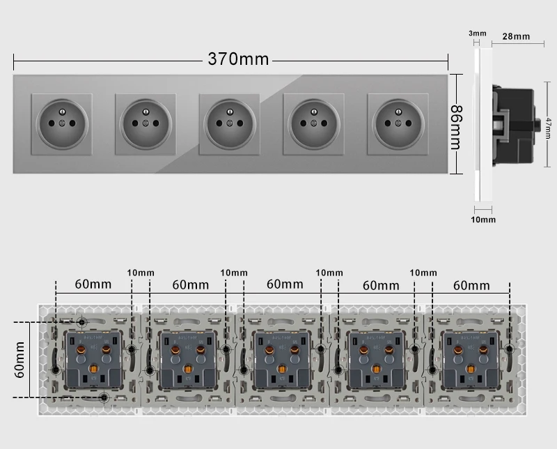 Nywp French standard plug, glass wallboard, French power supply, 16a 220V grounding socket, child protection door