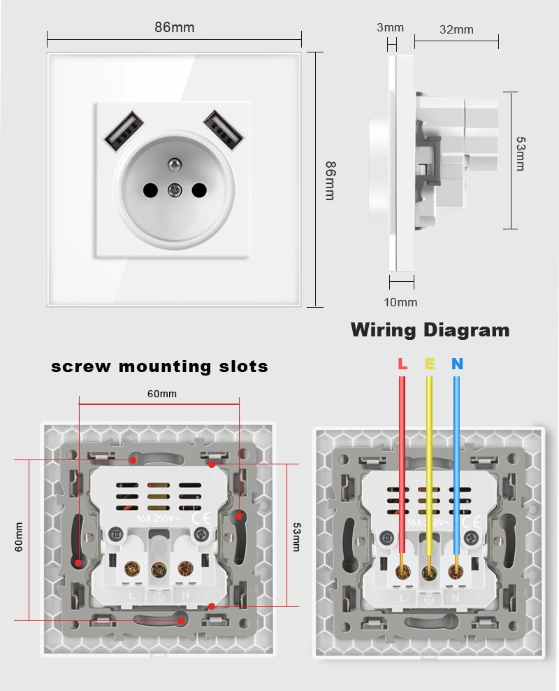 Nywp French standard plug, glass wallboard, French power supply, 16a 220V grounding socket, child protection door
