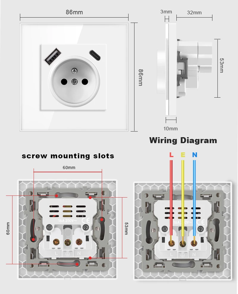 Nywp French standard plug, glass wallboard, French power supply, 16a 220V grounding socket, child protection door