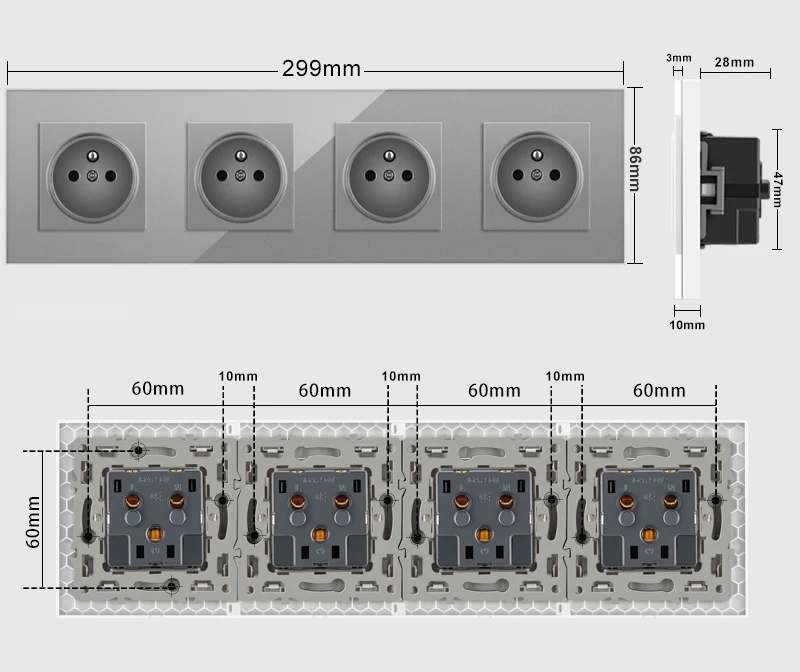 Nywp French standard plug, glass wallboard, French power supply, 16a 220V grounding socket, child protection door