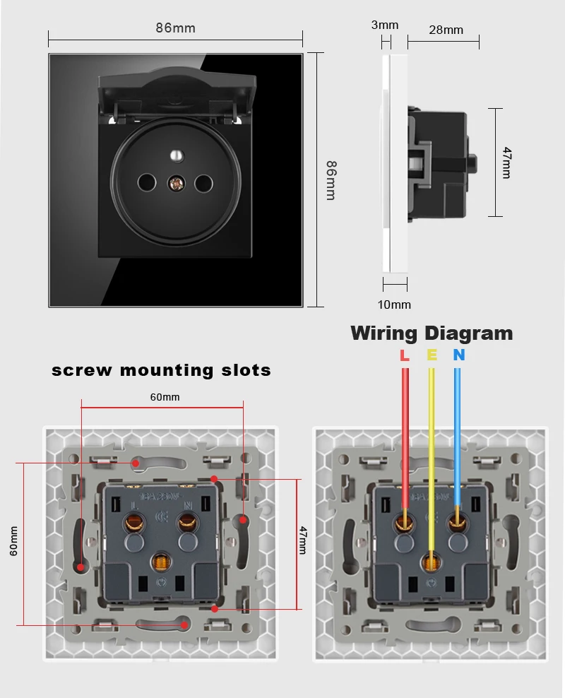 Nywp French standard plug, glass wallboard, French power supply, 16a 220V grounding socket, child protection door