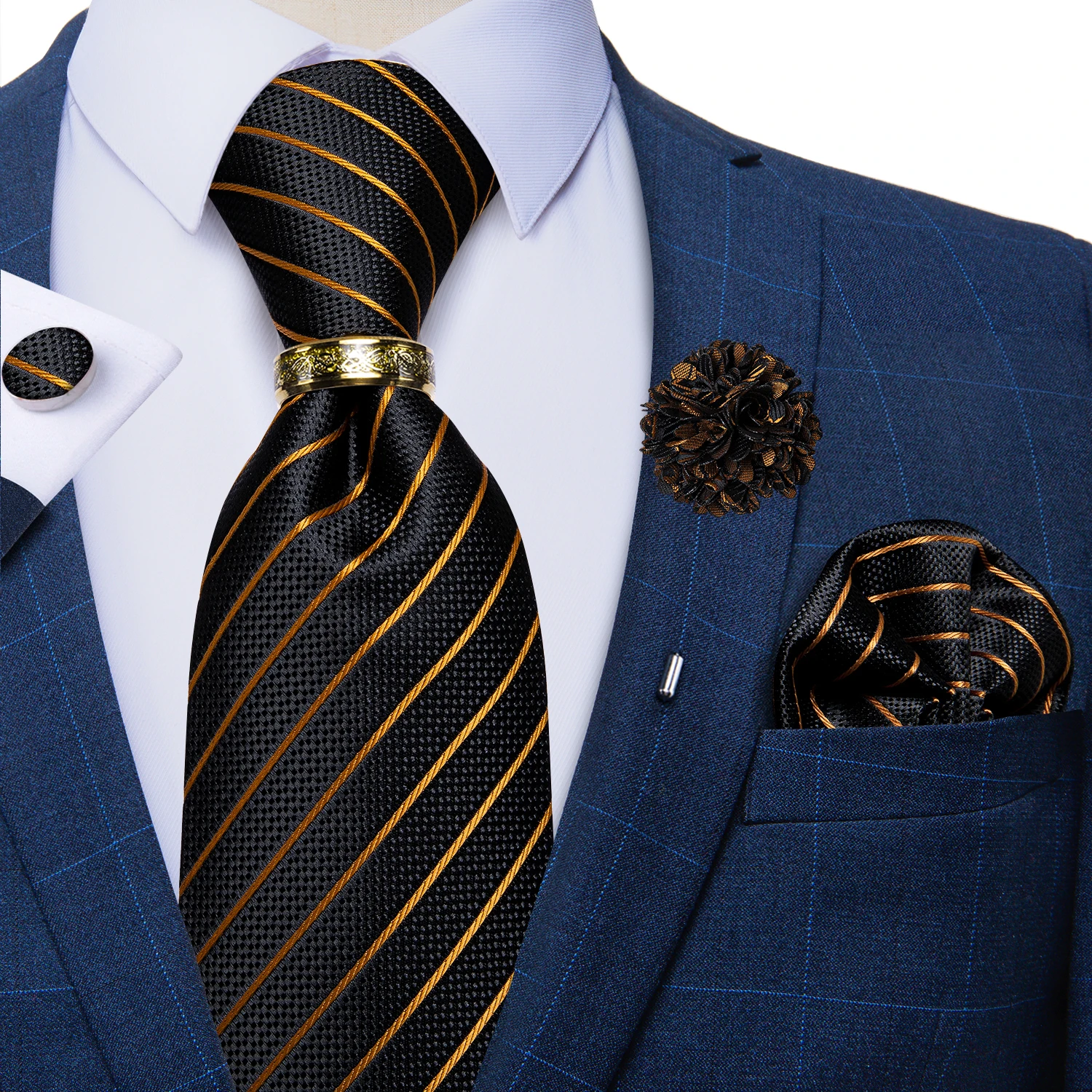 Luxury Blue Gold Paisley Ties For Men Business Wedding Neck Tie Set With Tie Ring Brooch Pin Men's Cufflinks Pocket Square