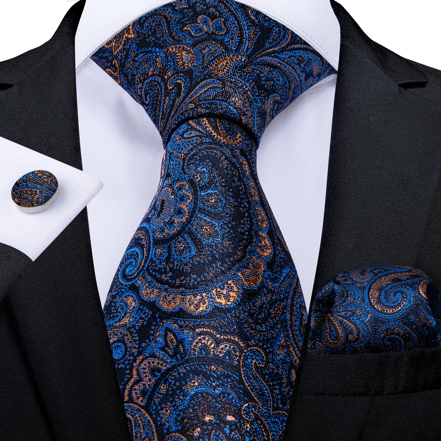 Luxury Blue Gold Paisley Ties For Men Business Wedding Neck Tie Set With Tie Ring Brooch Pin Men's Cufflinks Pocket Square