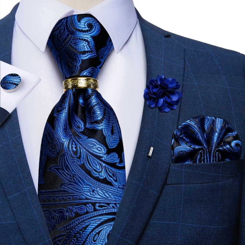 Luxury Blue Gold Paisley Ties For Men Business Wedding Neck Tie Set With Tie Ring Brooch Pin Men's Cufflinks Pocket Square