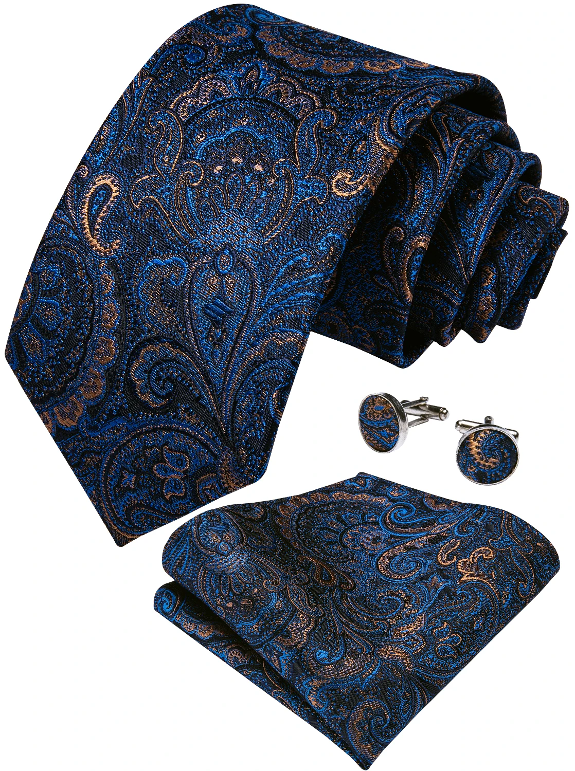 Luxury Blue Gold Paisley Ties For Men Business Wedding Neck Tie Set With Tie Ring Brooch Pin Men's Cufflinks Pocket Square
