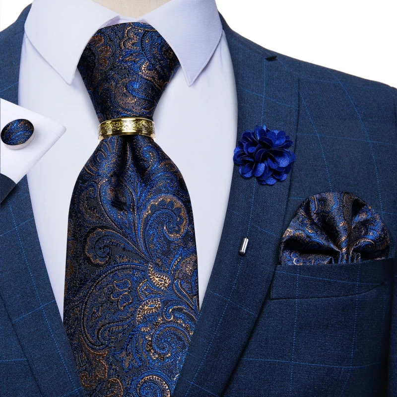 Luxury Blue Gold Paisley Ties For Men Business Wedding Neck Tie Set With Tie Ring Brooch Pin Men's Cufflinks Pocket Square