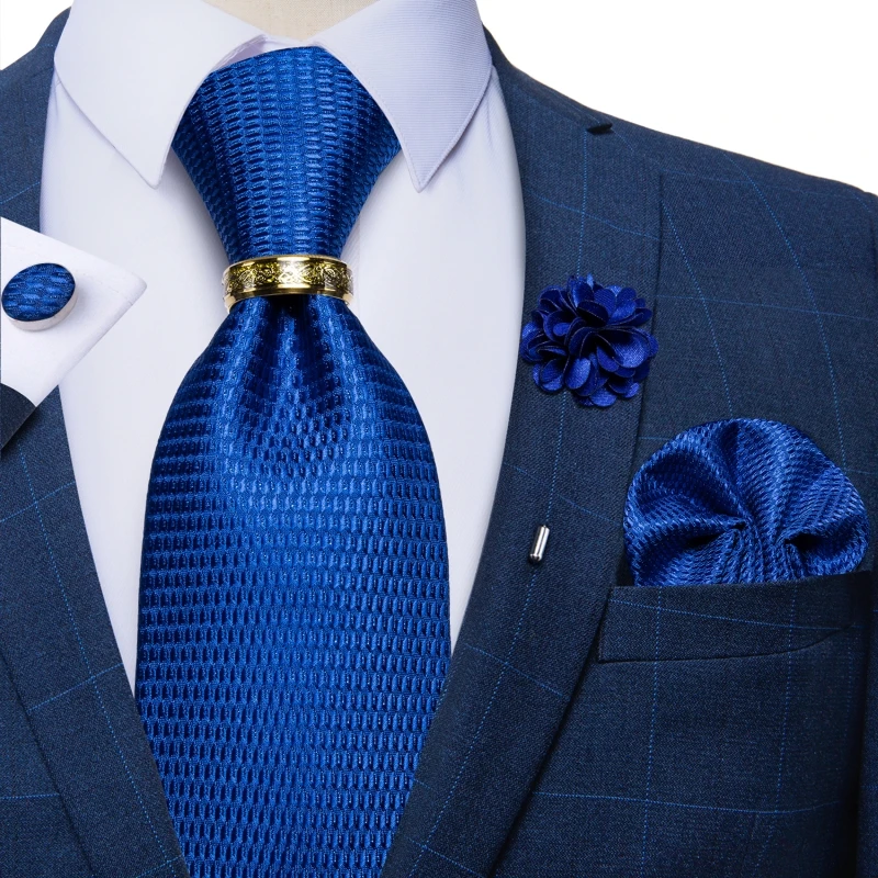Luxury Blue Gold Paisley Ties For Men Business Wedding Neck Tie Set With Tie Ring Brooch Pin Men's Cufflinks Pocket Square