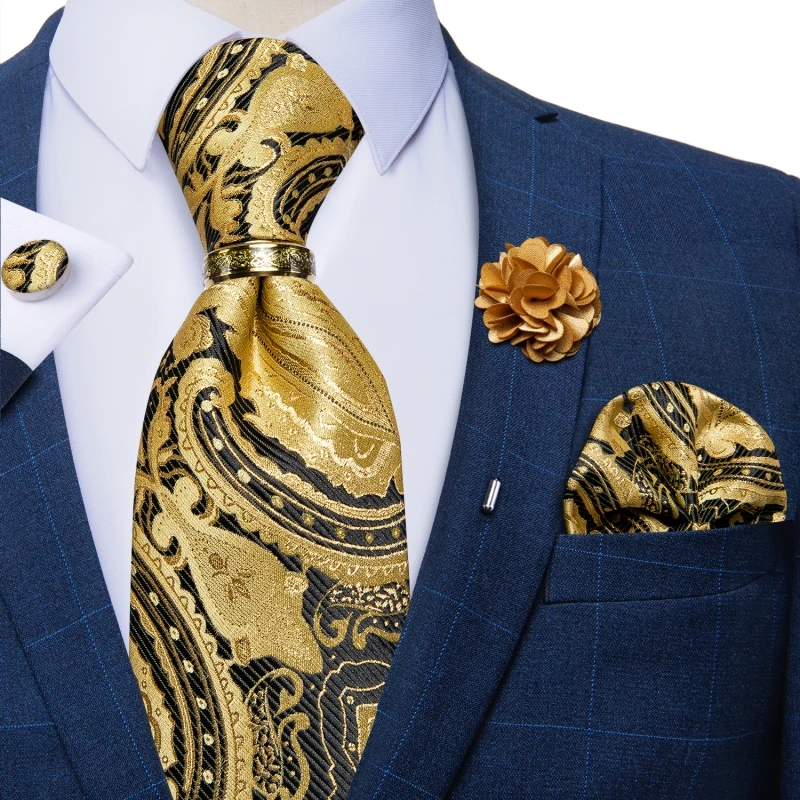 Luxury Blue Gold Paisley Ties For Men Business Wedding Neck Tie Set With Tie Ring Brooch Pin Men's Cufflinks Pocket Square