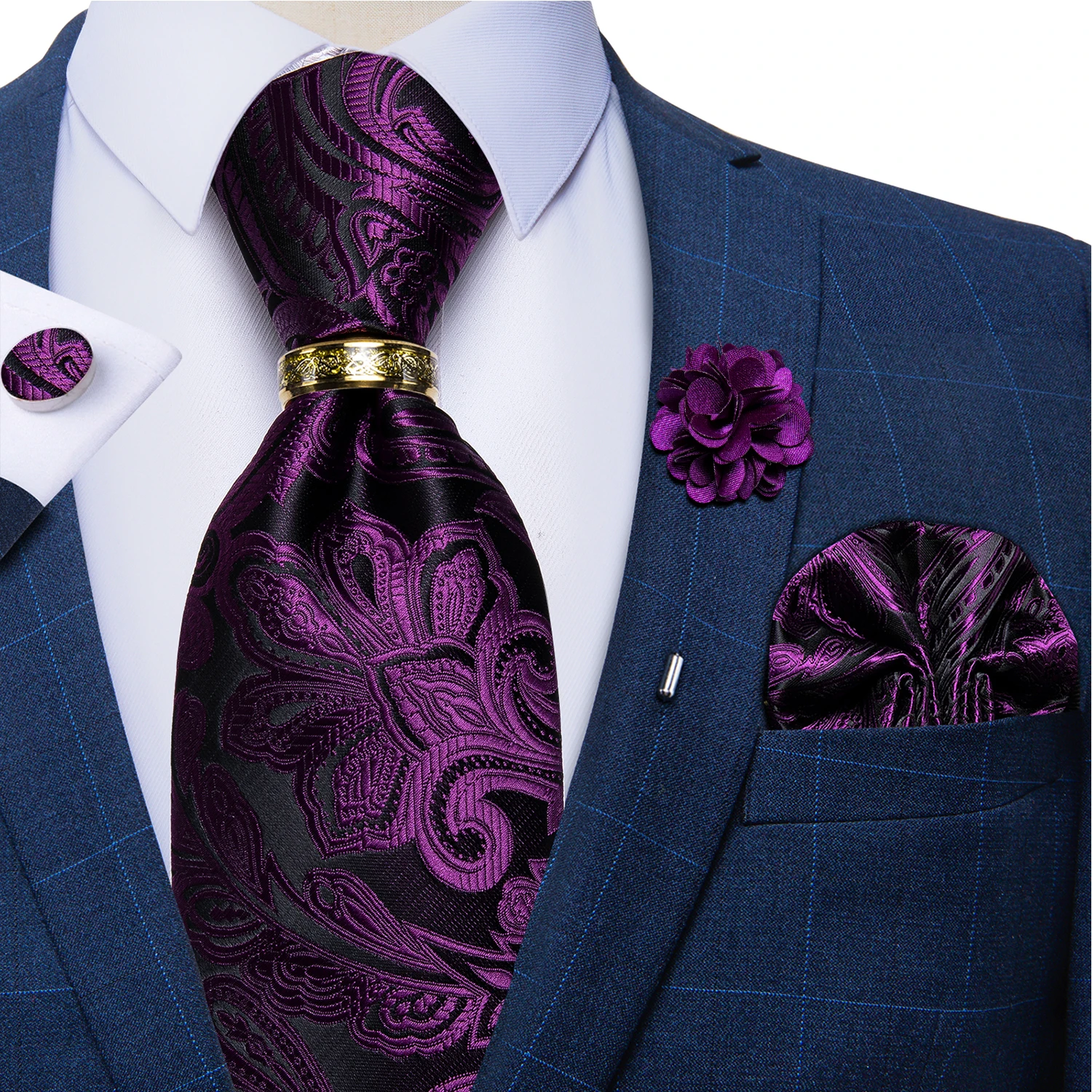 Luxury Blue Gold Paisley Ties For Men Business Wedding Neck Tie Set With Tie Ring Brooch Pin Men's Cufflinks Pocket Square