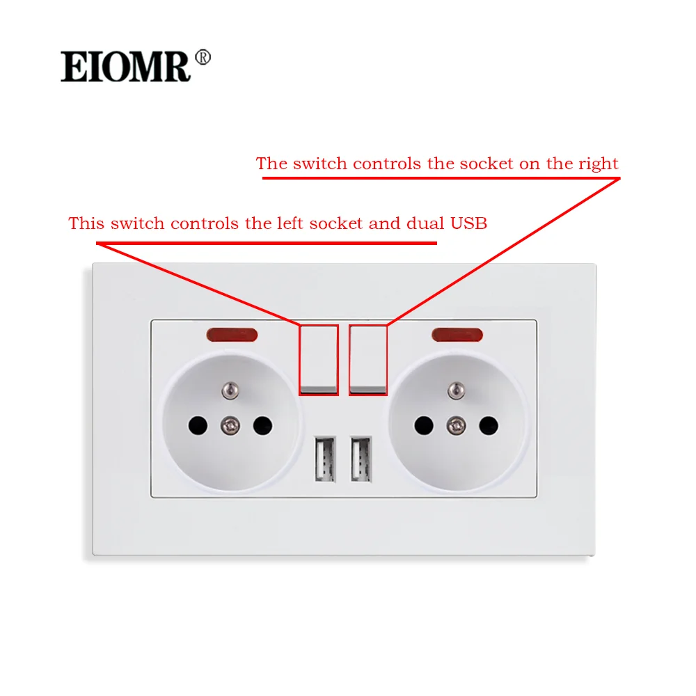EIOMR EU Electrical Sockets with USB 110~220V 16A Wall Power Socket with Light Switch No Need To Pull The Plug Home Decoration