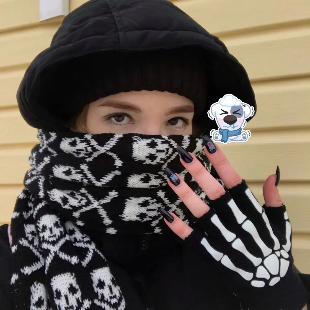 Halloween Skull Scarf Women Men Knitted Winter Warm Scarves Black White Gothic Pashmina Shawls Wrap Scarf for Halloween