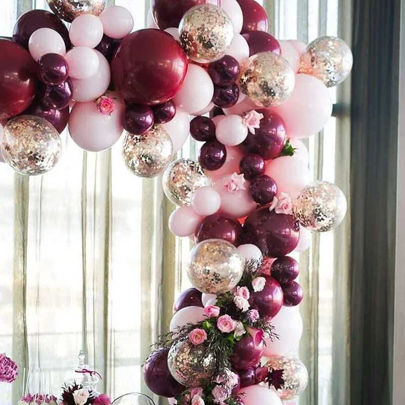 134Pcs Burgundy Wine Red Pink Balloons Arch Garland Kit Gold Confetti Balloons Valentine's Day Decor New Year Decoration 2022