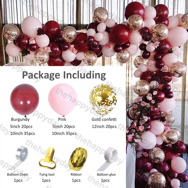 134Pcs Burgundy Wine Red Pink Balloons Arch Garland Kit Gold Confetti Balloons Valentine's Day Decor New Year Decoration 2022