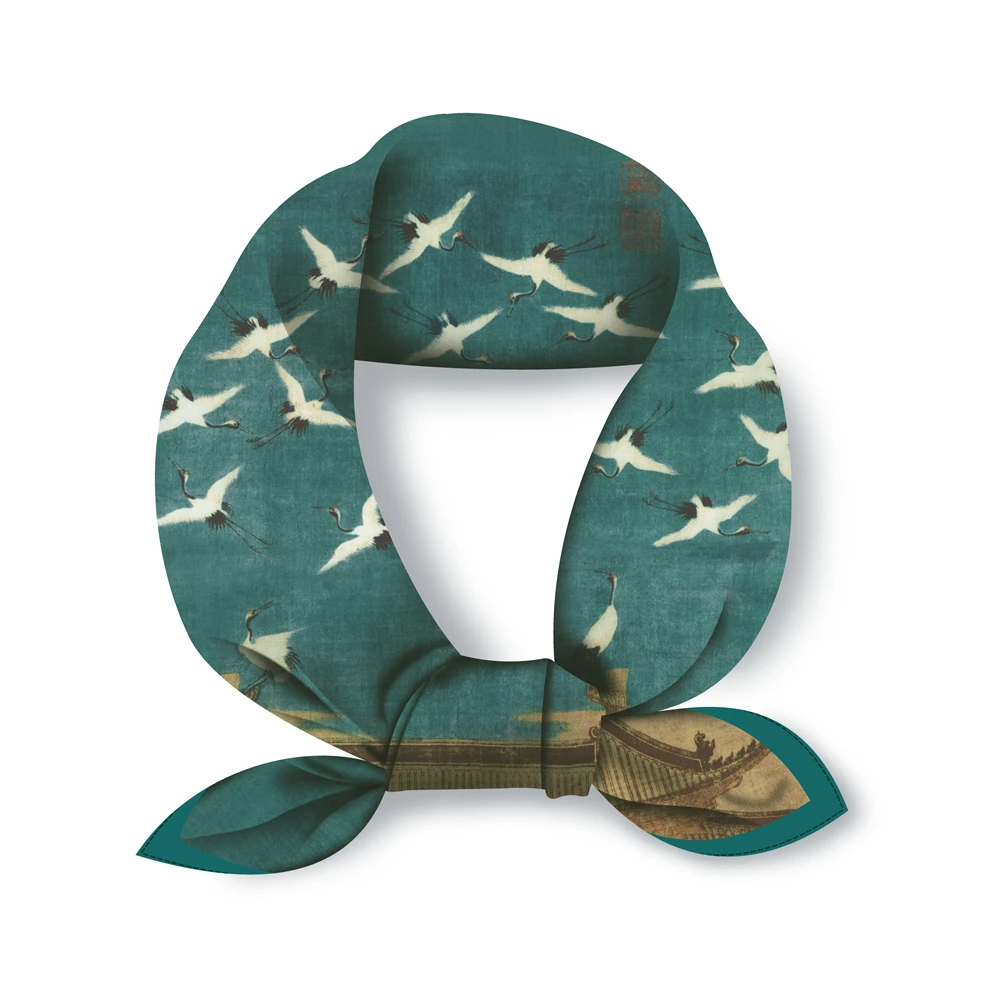 Twill Silk Scarf Woman China Painting Square Scarves Wraps Bandana Small Hijab Silk Foulards Tie Headband Neckerchief 53CM