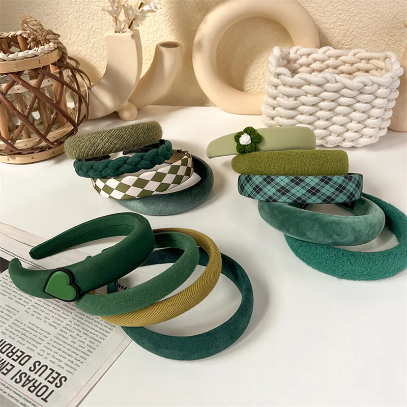 Fashion Korea INS Green Padded Womens Headband Woolen Autumn/Winter Hair Band Headwear Girl Wide Side Hair Hoop Hair Accessories