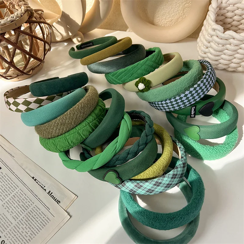 Fashion Korea INS Green Padded Womens Headband Woolen Autumn/Winter Hair Band Headwear Girl Wide Side Hair Hoop Hair Accessories