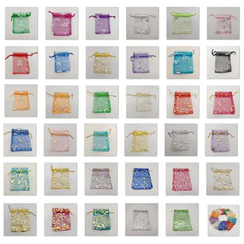 Organza Gift Bags, Butterfly, Rose, Heart, Organza Sachet, Wedding Packaging, Jewelry Storage Bags, Drawstring Bag, 100Pcs, 7x9