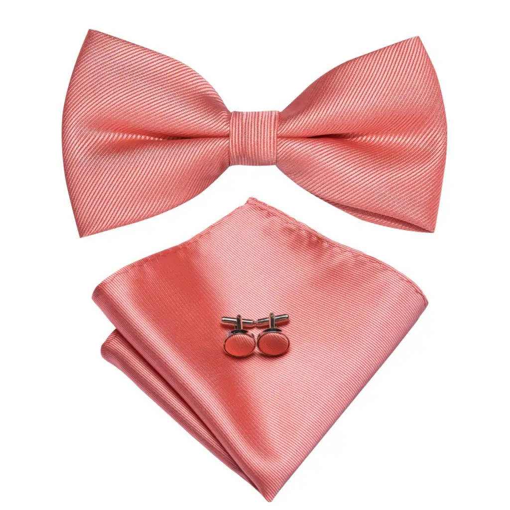Hi-Tie Silk Pink Striped Mens Bowtie Jacquard Adult Bow Tie Hankerchief Cufflinks Set Pre-tied Butterfly Bowknot Wedding Party