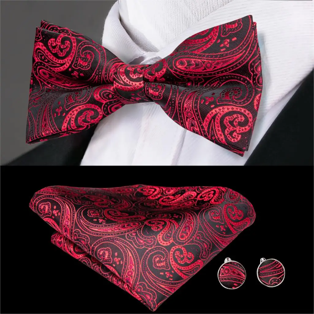 Hi-Tie Silk Pink Striped Mens Bowtie Jacquard Adult Bow Tie Hankerchief Cufflinks Set Pre-tied Butterfly Bowknot Wedding Party