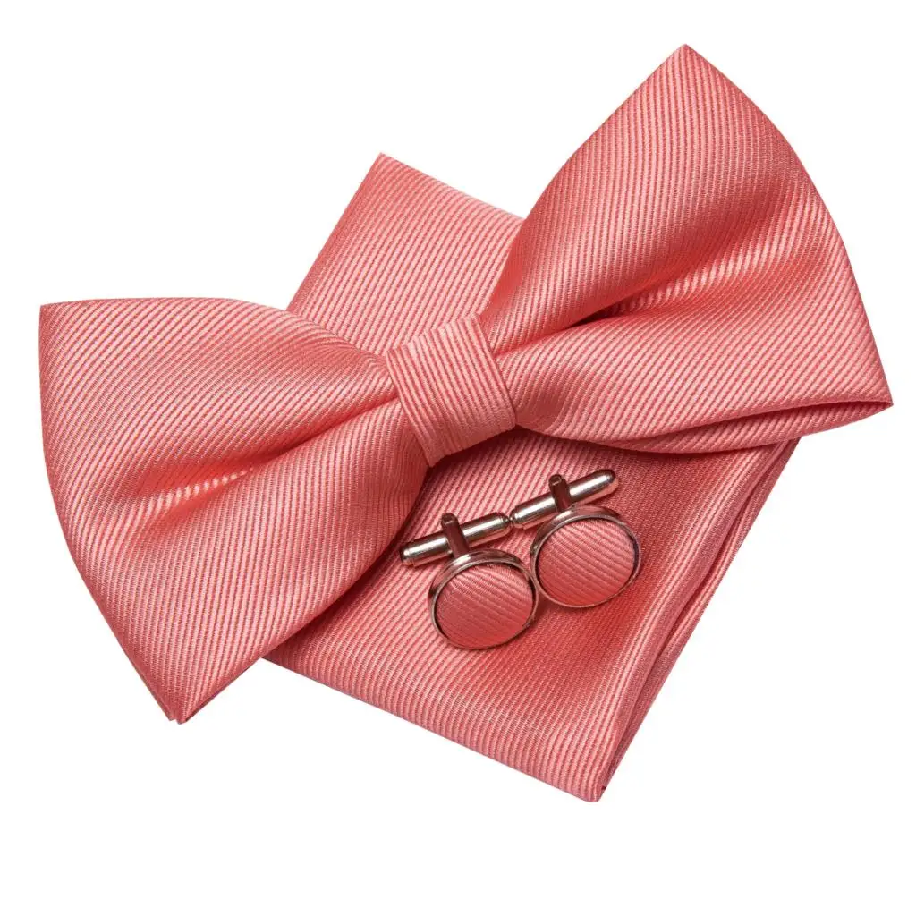 Hi-Tie Silk Pink Striped Mens Bowtie Jacquard Adult Bow Tie Hankerchief Cufflinks Set Pre-tied Butterfly Bowknot Wedding Party