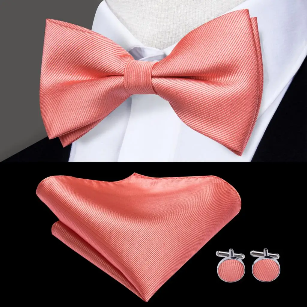 Hi-Tie Silk Pink Striped Mens Bowtie Jacquard Adult Bow Tie Hankerchief Cufflinks Set Pre-tied Butterfly Bowknot Wedding Party