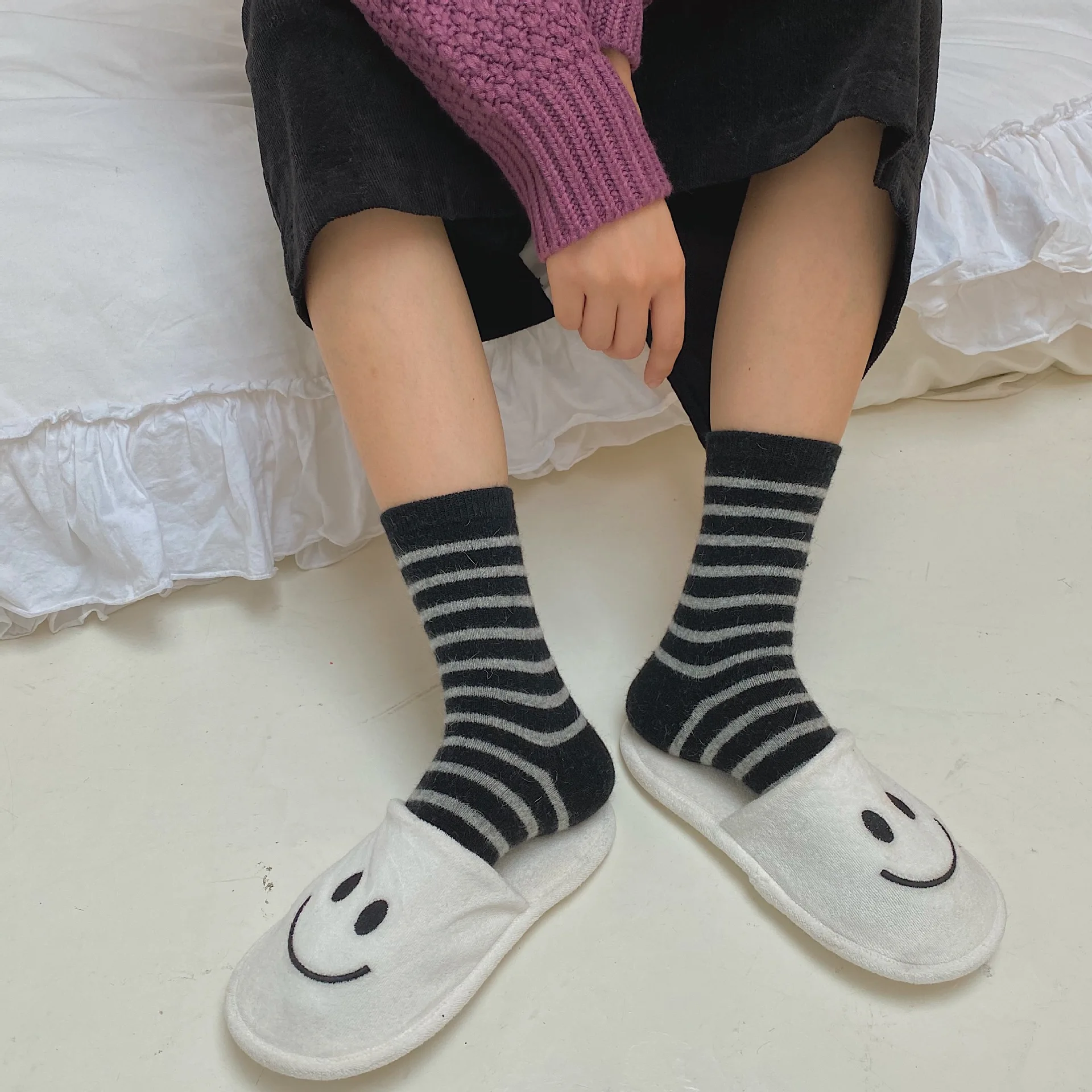 20% Rabbit Hair Woman Socks Casual Striped Cashmere Wool Long Socks Women Winter Thick Warm Streetwear Thermal Crew Socks Gifts