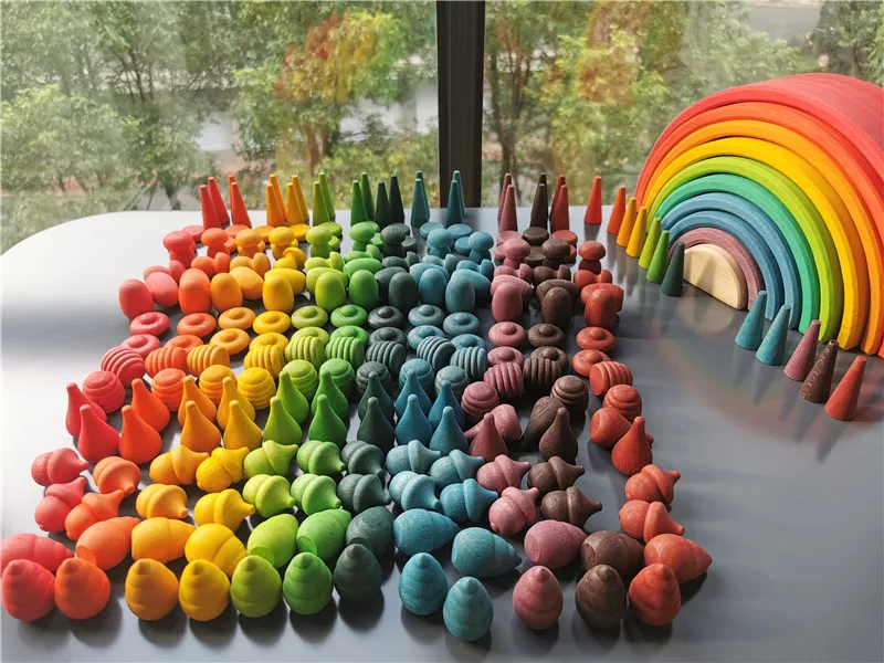 Kids Wooden Rainbow Mandala Block Montessori Loose Parts Toy Mushrooms Honeycomb Droplets Bamboo Shoots Acorns Tree Cones