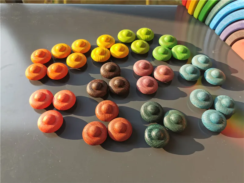 Kids Wooden Rainbow Mandala Block Montessori Loose Parts Toy Mushrooms Honeycomb Droplets Bamboo Shoots Acorns Tree Cones
