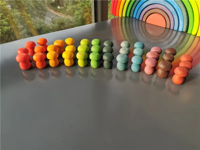 Kids Wooden Rainbow Mandala Block Montessori Loose Parts Toy Mushrooms Honeycomb Droplets Bamboo Shoots Acorns Tree Cones