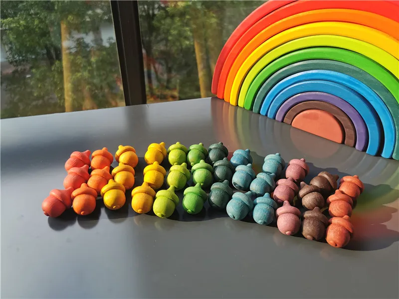 Kids Wooden Rainbow Mandala Block Montessori Loose Parts Toy Mushrooms Honeycomb Droplets Bamboo Shoots Acorns Tree Cones