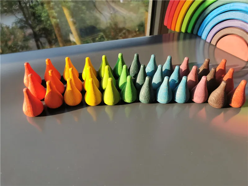 Kids Wooden Rainbow Mandala Block Montessori Loose Parts Toy Mushrooms Honeycomb Droplets Bamboo Shoots Acorns Tree Cones