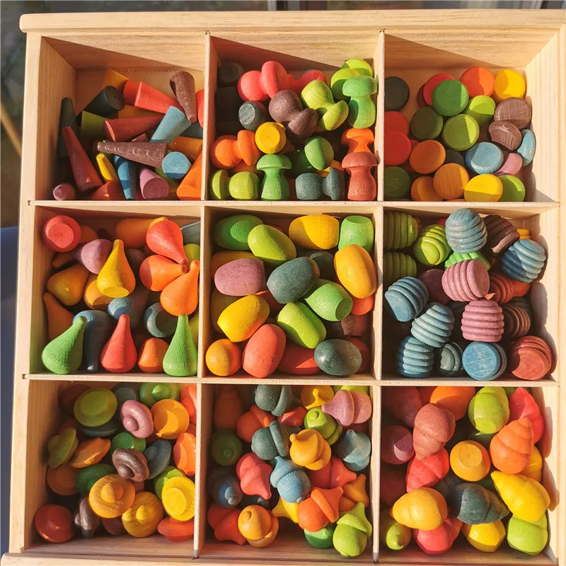 Kids Wooden Rainbow Mandala Block Montessori Loose Parts Toy Mushrooms Honeycomb Droplets Bamboo Shoots Acorns Tree Cones