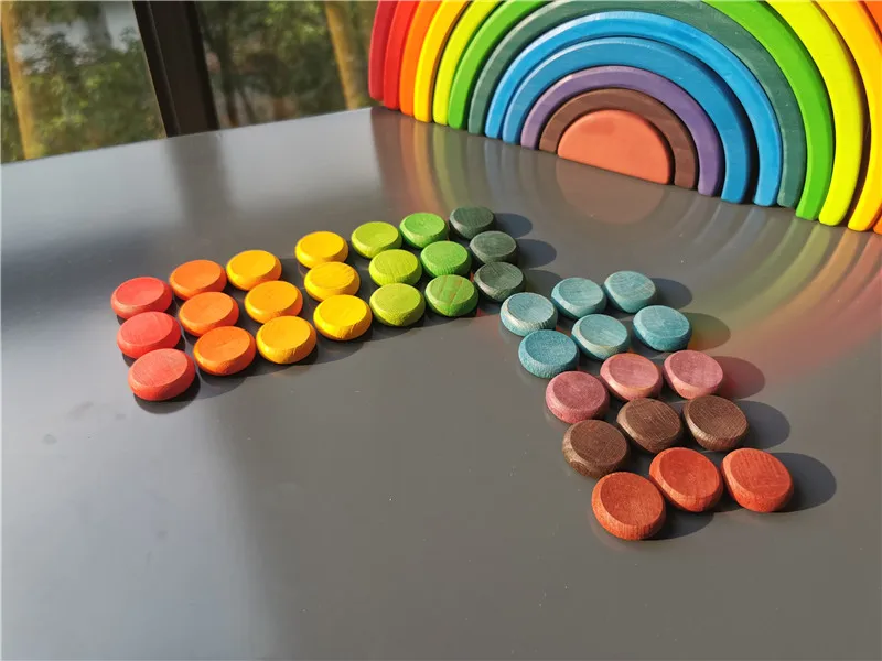 Kids Wooden Rainbow Mandala Block Montessori Loose Parts Toy Mushrooms Honeycomb Droplets Bamboo Shoots Acorns Tree Cones