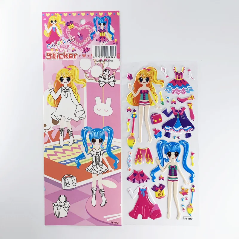 4 Sheets/Set Dress Up Girl Pattern Cartoon Stickers Kids Notebook 3D Puffy Bubble Sticker Label for Girls Gift