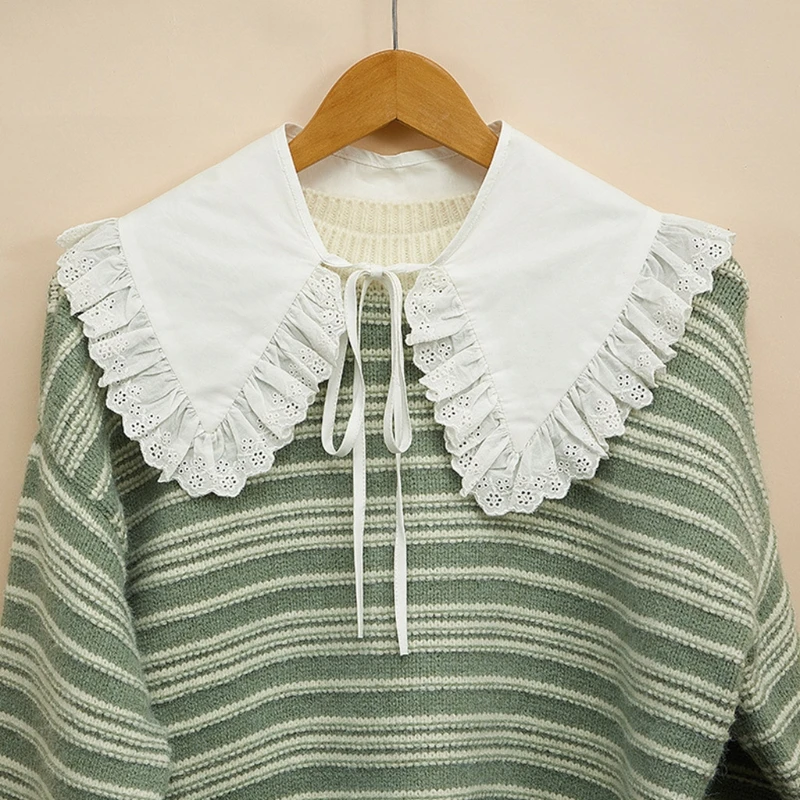 Royal Style Cotton Fake Collar Shawl Wrap Hollow Out Floral Lace Ruffled Trim Necklace Pointed Triangle Lapel Blouse