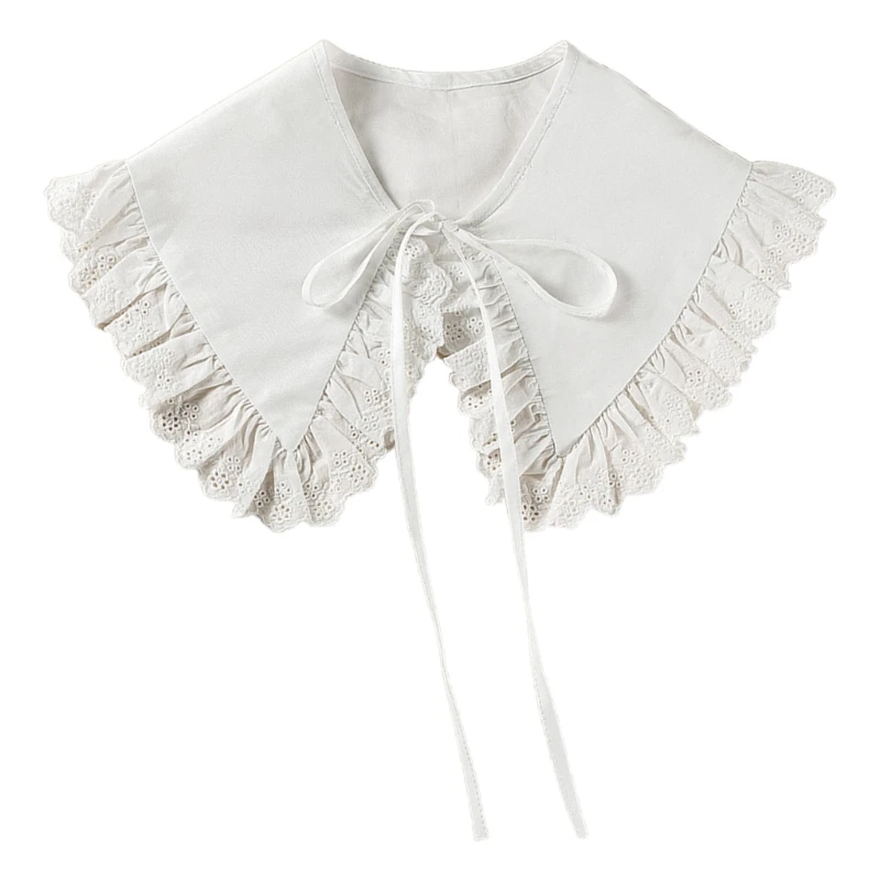 Royal Style Cotton Fake Collar Shawl Wrap Hollow Out Floral Lace Ruffled Trim Necklace Pointed Triangle Lapel Blouse