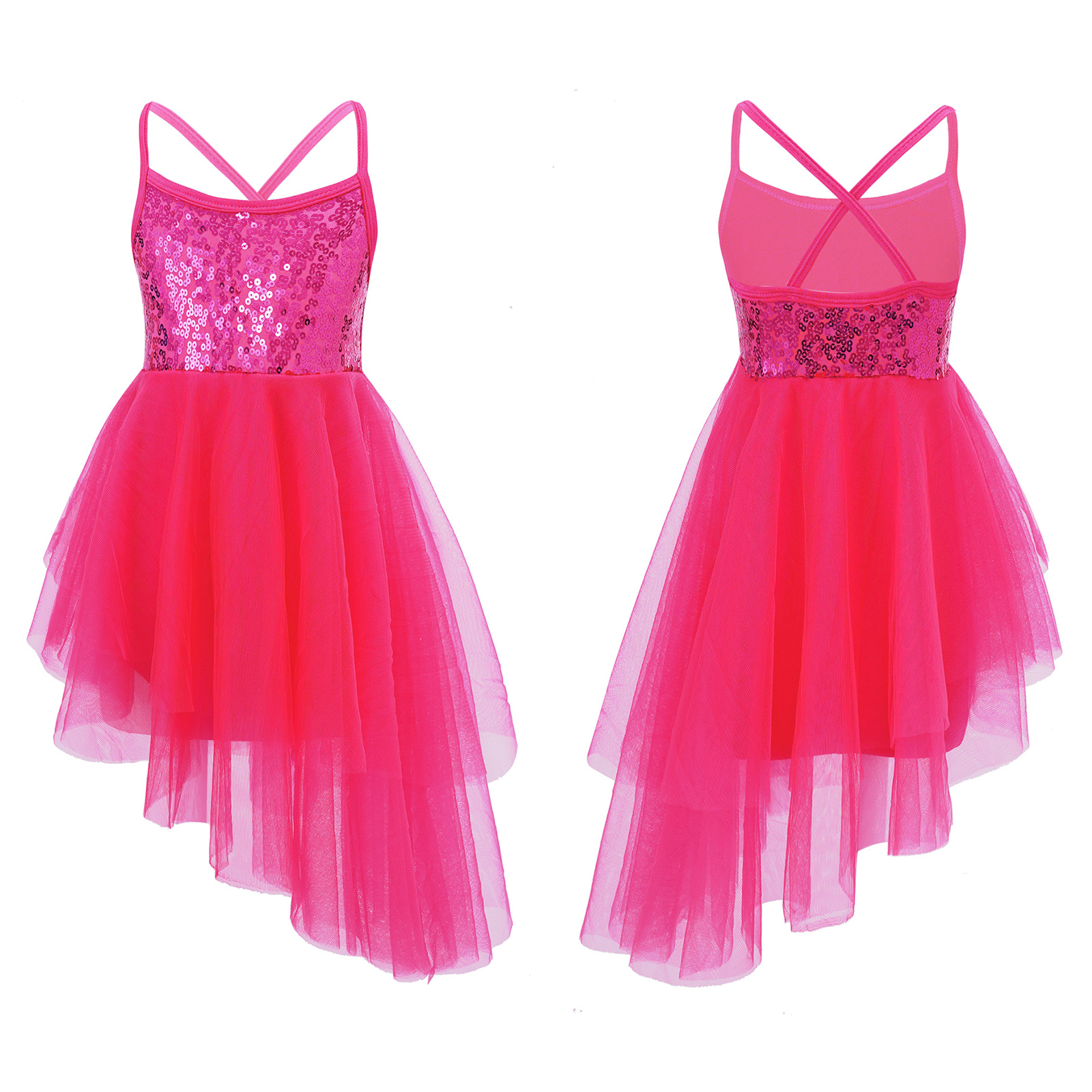 Kids Girls Sequins Ballet Tutu Dress Sleeveless Hi-lo Fairy Tulle Gymnastics Leotard Dress Ballerina Dance Performance Costumes