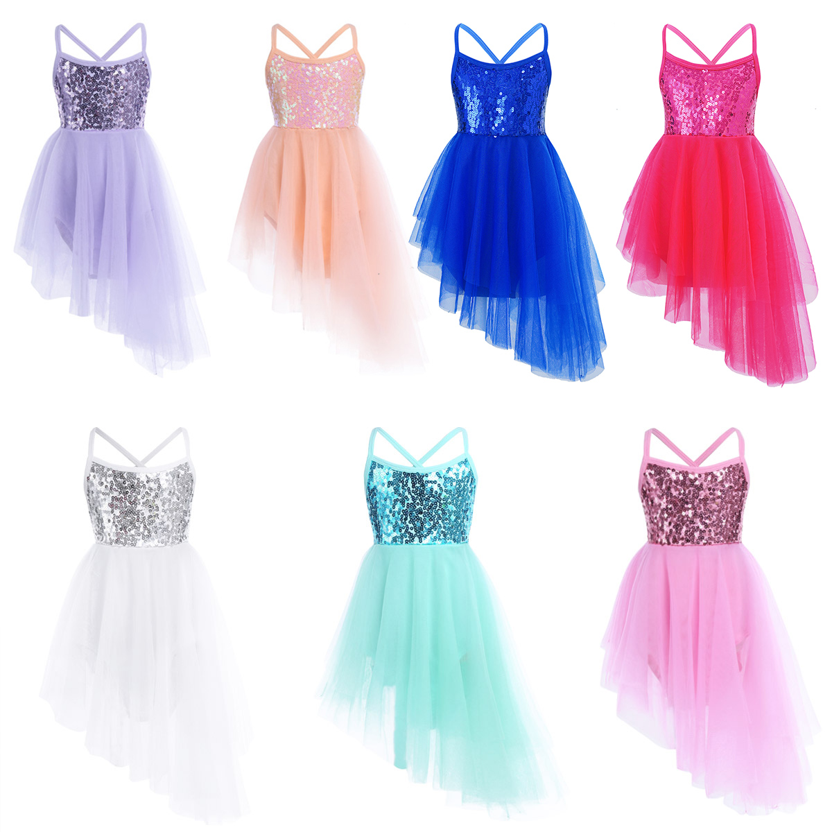 Kids Girls Sequins Ballet Tutu Dress Sleeveless Hi-lo Fairy Tulle Gymnastics Leotard Dress Ballerina Dance Performance Costumes