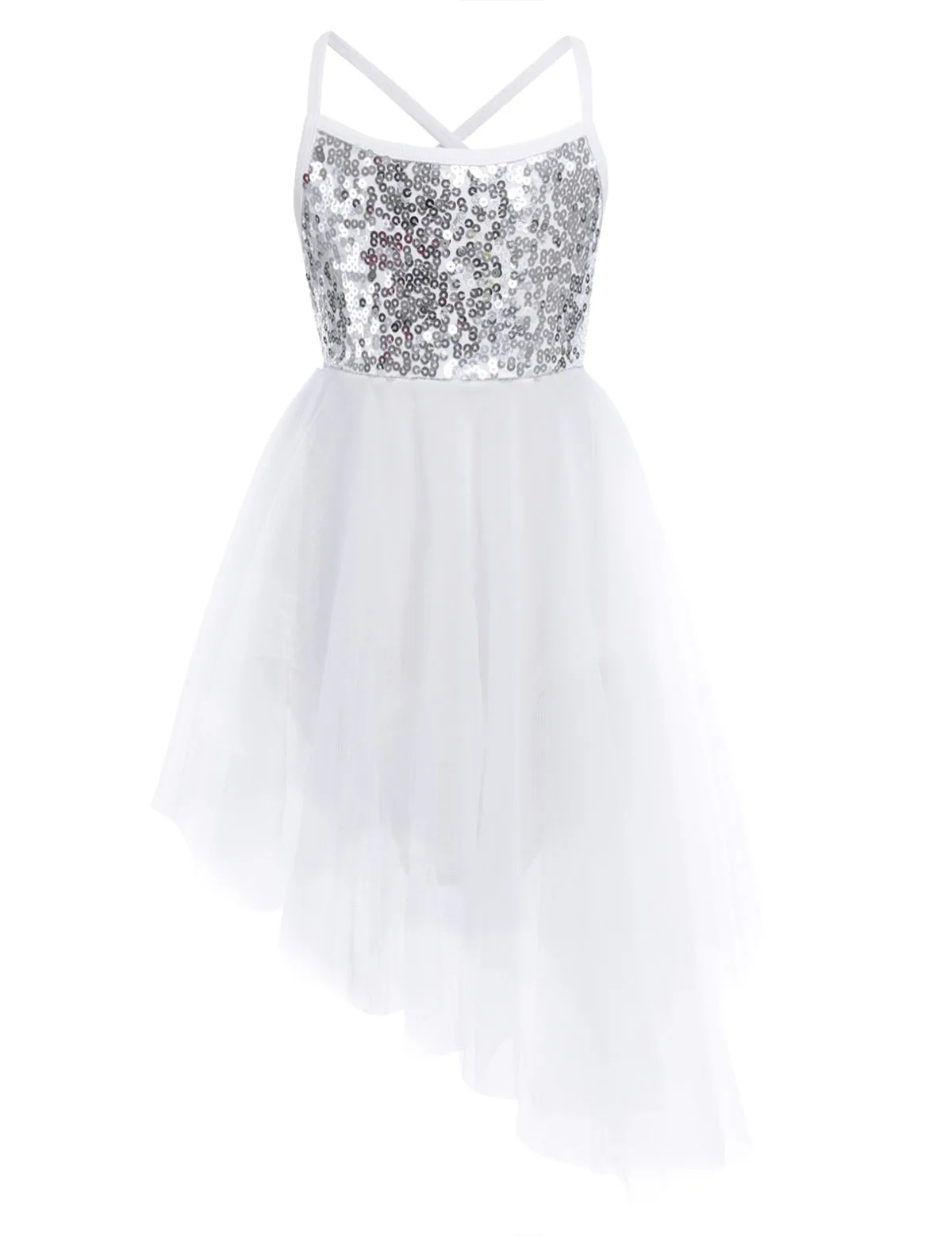 Kids Girls Sequins Ballet Tutu Dress Sleeveless Hi-lo Fairy Tulle Gymnastics Leotard Dress Ballerina Dance Performance Costumes