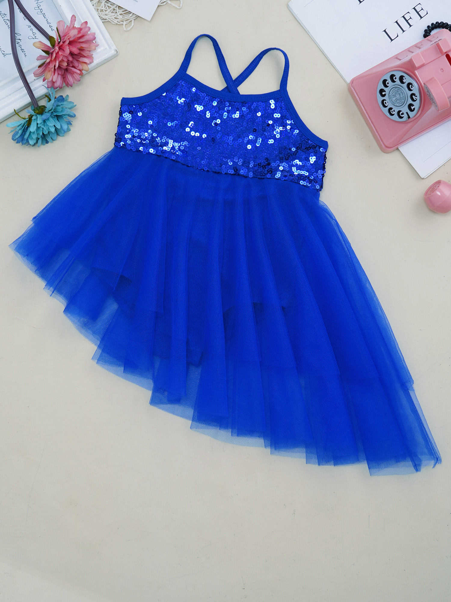 Kids Girls Sequins Ballet Tutu Dress Sleeveless Hi-lo Fairy Tulle Gymnastics Leotard Dress Ballerina Dance Performance Costumes