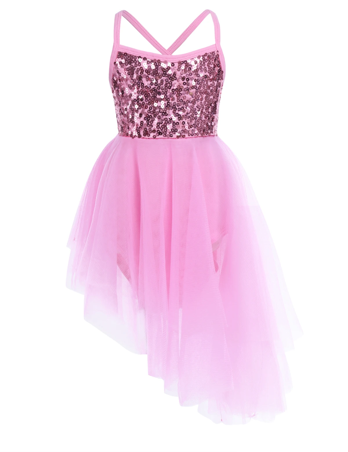 Kids Girls Sequins Ballet Tutu Dress Sleeveless Hi-lo Fairy Tulle Gymnastics Leotard Dress Ballerina Dance Performance Costumes