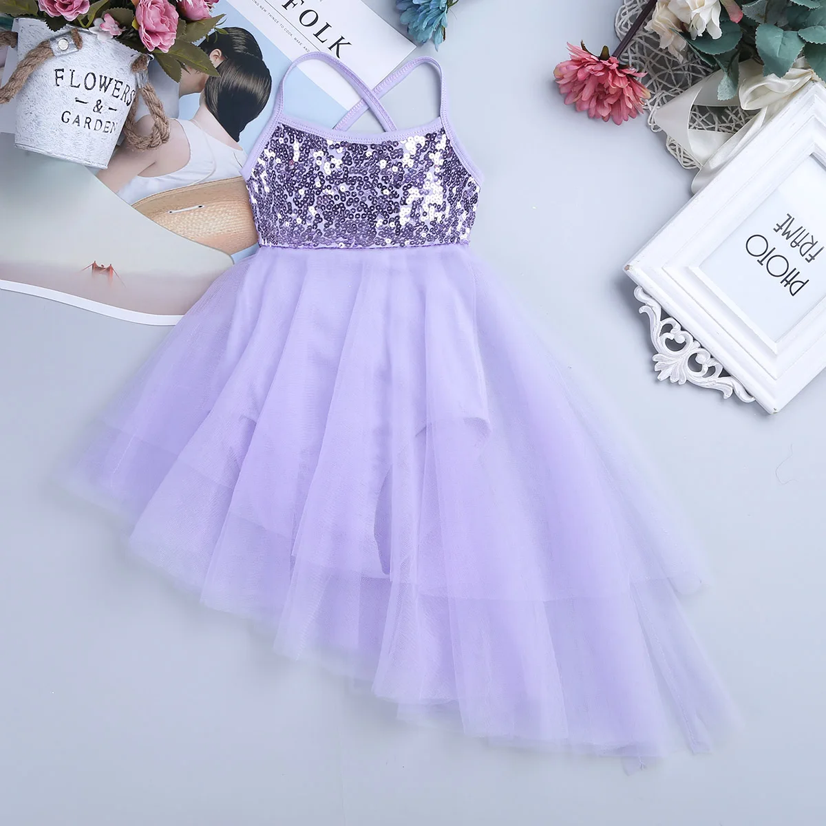 Kids Girls Sequins Ballet Tutu Dress Sleeveless Hi-lo Fairy Tulle Gymnastics Leotard Dress Ballerina Dance Performance Costumes