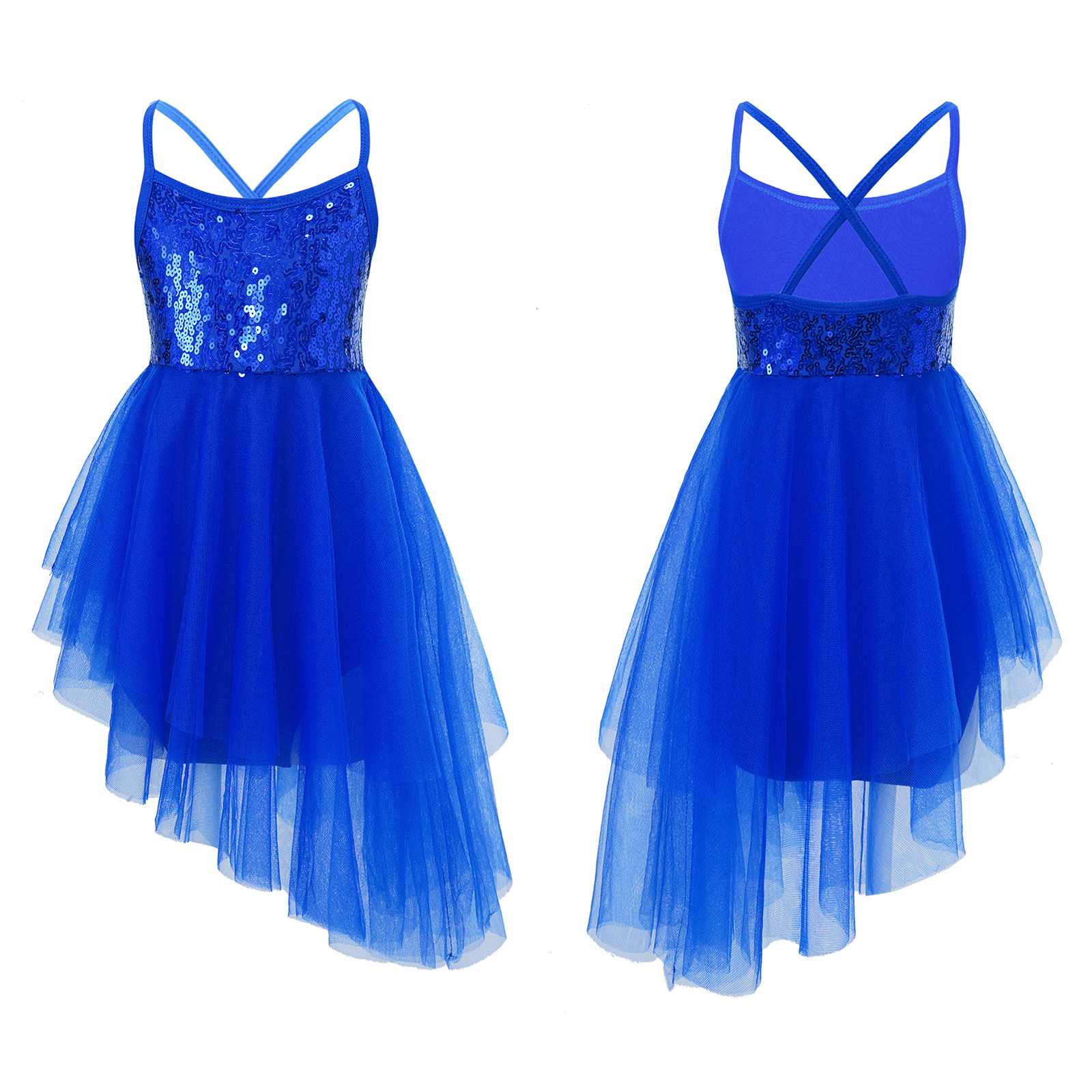 Kids Girls Sequins Ballet Tutu Dress Sleeveless Hi-lo Fairy Tulle Gymnastics Leotard Dress Ballerina Dance Performance Costumes