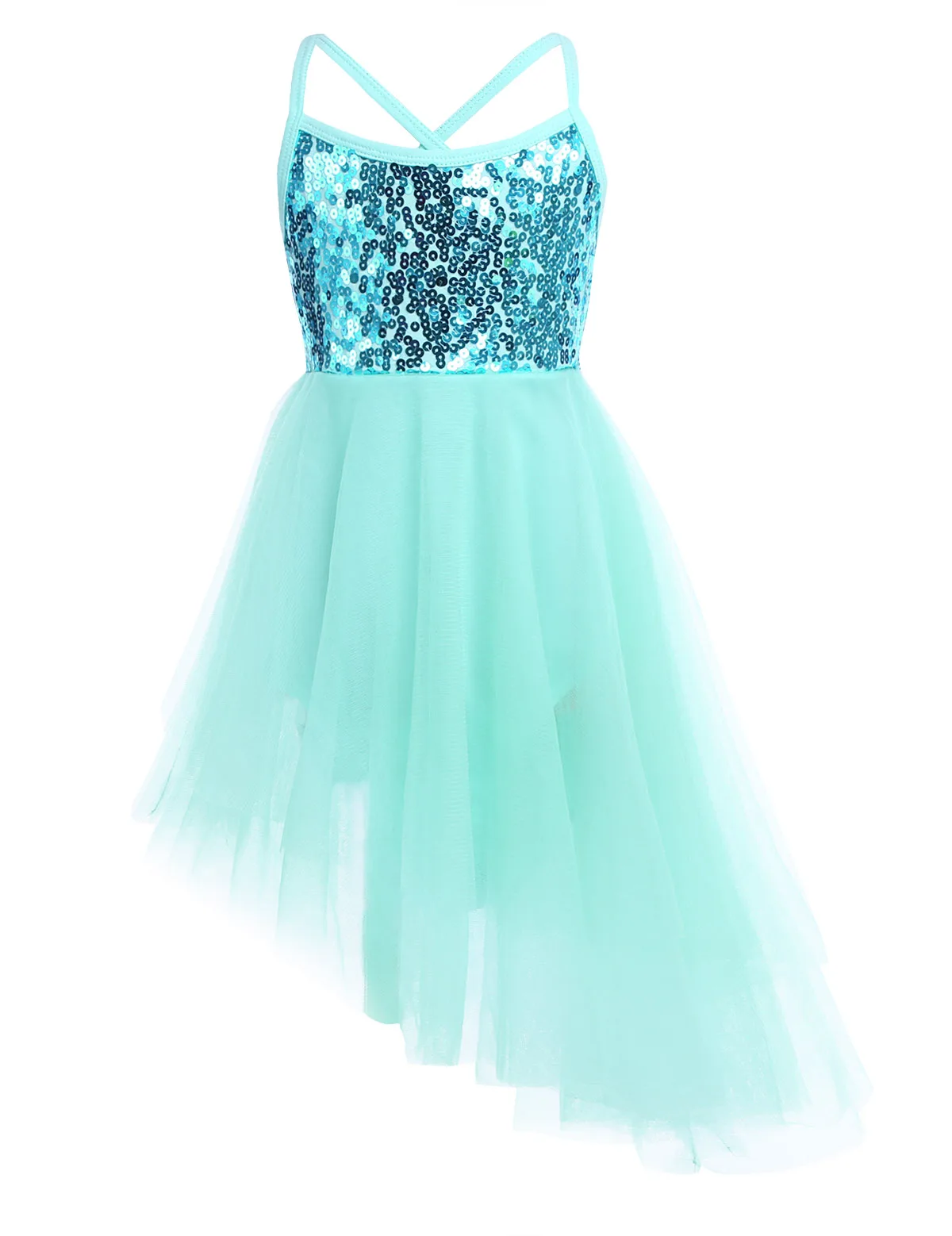 Kids Girls Sequins Ballet Tutu Dress Sleeveless Hi-lo Fairy Tulle Gymnastics Leotard Dress Ballerina Dance Performance Costumes