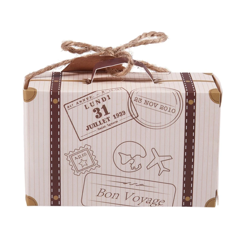 Hot Sale 50pcs Mini Suitcase Favor Box Party Favor Candy Box, Vintage Kraft Paper with Tags and rope for Wedding/Travel Themed P