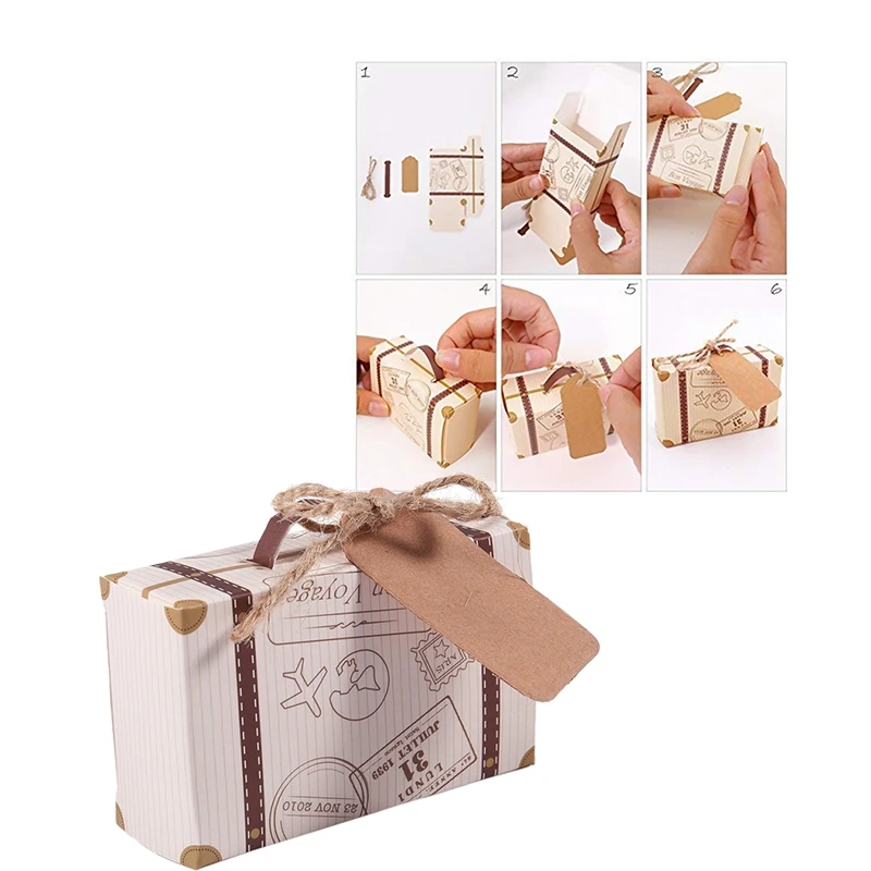 Hot Sale 50pcs Mini Suitcase Favor Box Party Favor Candy Box, Vintage Kraft Paper with Tags and rope for Wedding/Travel Themed P